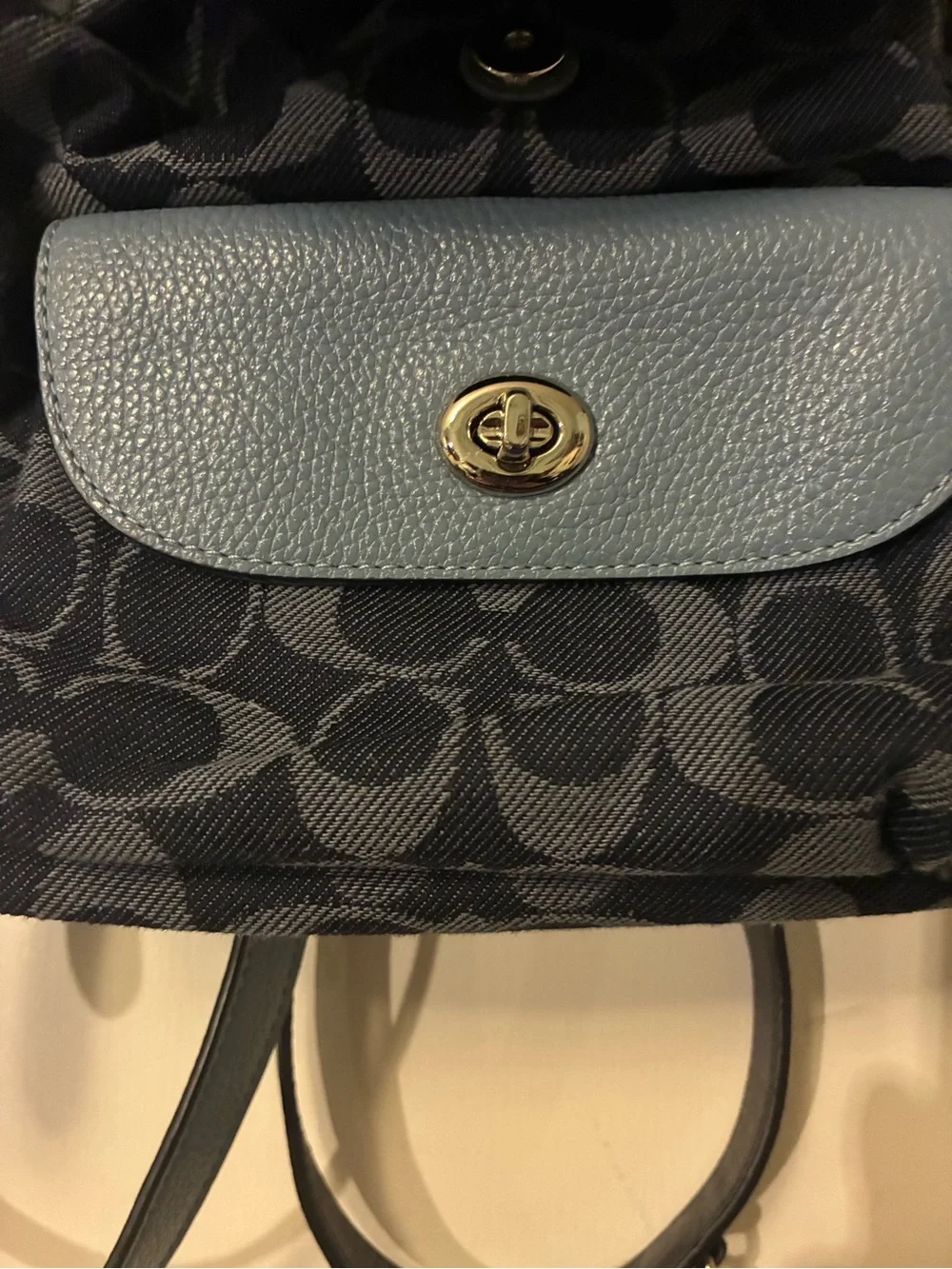 Coach Signature Canvas Backpack with Light Blue Leather Trim